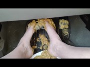 Smashing peanut butter in my Trucks pedals getting the stickiness all over (front & back view)