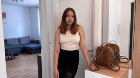 hot office girl catches colleague looking and fucks in pantyhose when sharing apartment on business trip