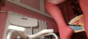 Sitting on the toilet chair both holes play and gape
