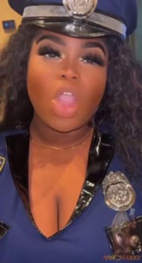 BUSTY EBONY BABE OFFICER MYA STAXXX GETTING HER HUGE TITS NUTTED ON WHILE SUCKING COCK !!