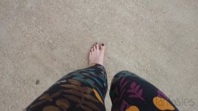 Fifi pedal pumping barefoot in leggings with toe rings and anklet