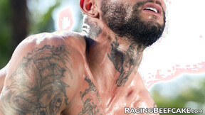 Tatted muscle men Danny Starr & Andre Bedford bareback hard