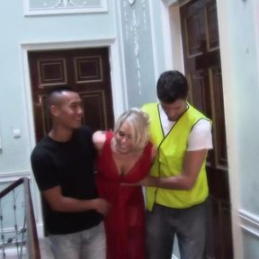 These two guys brought this lady to her apartment just so they could fuck her