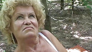 Blonde granny fucked in the woods POV