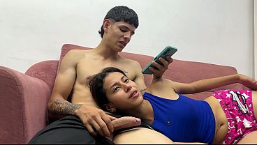 I surprised my big-assed stepsister while we were watching a movie, I shoved my huge cock straight into her mouth and she sucked it like a desperate whore