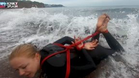 Hogtied in a Wetsuit – Rope Bondage Escape Challenge on the Beach - AVI