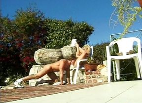 Big titted blonde babe jumps on big cock outdoors