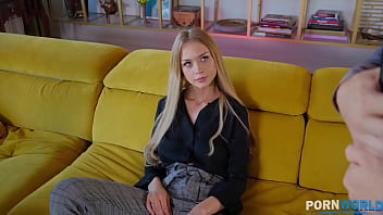 Curvy blonde babe fucks two cocks at once
