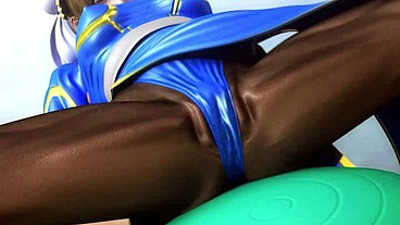 Chun-Li from Street Fighter on a Yoga ball