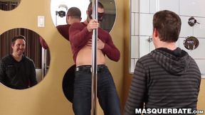 Masked male stripper teases with his body and jacks off