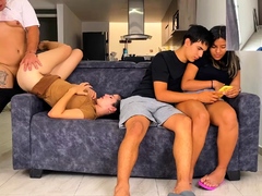 I fuck my rich wife while my family watches TV