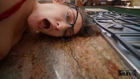 Nerdy brunette Everly Haze gets fucked in the kitchen