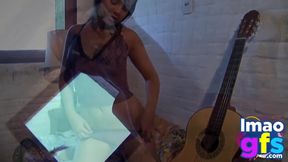 Hot Paul showing her medium tits and pussy with guitar