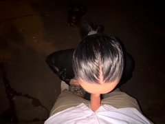 Public Blowjob and Fuck with Brunette in LEATHER JACKET -