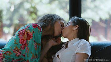 Two sweet lesbian girls, April Oneil and Elena Koshka are kissing, for the first time