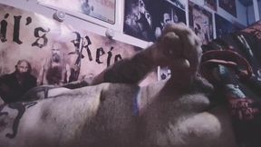 Hot tattooed guy cums hard all over his bed