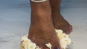 Barefoot Pie Crush: Miss Elektra smushes a coconut cream pie with her purple glitter toes -ebony foot fetish, food crushing, and sole domination