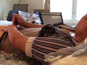 Dirty sissy crossdress slut man whore squirming crazy masturbation orgasm while wearing girlfriend&#039;s bra shirt and sweater