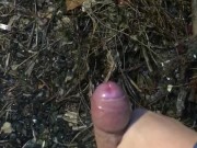 My phimosis penis masturbation by hand in the rainy garden.  The tip of the penis is red