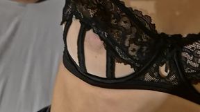 My private bitch jerking me off, and I cum on her tits