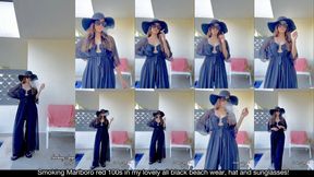 Smoking Marlboro red 100s in my lovely all black beach wear, hat and sunglasses!