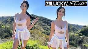 Queenie Sateen's outdoor lingerie tease