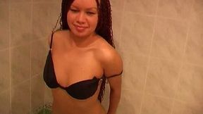 Amateur long haired bitch loves to tease clit and to pee in the bathroom