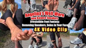 4K | Angelina's Well-Worn New Balance Sneakers – Sweaty, Broken-In, Cheesy Foot Scent | Fishnet Socks, Soaked Insoles, Footprint Close-Ups | Taking Off Sneakers, Stretching Feet Right Into Your Face | Sweaty Feet