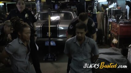 Hardcore interracial threesome in a dirty workshop with BBC criminal.