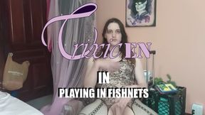 trans girl shows off ass and masturbates until orgasm in fishnet bodystocking