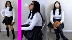 eRica shows us how she chews gum and blows bubbles while wearing a white turtleneck & leather skirt!