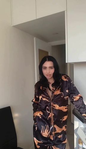 Female model in camo pajamas