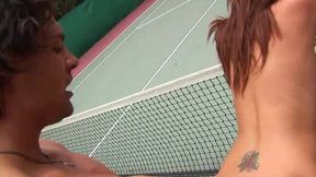 Dirty Threes Scene Two Skinny Teens in Threesome on the Tennis Court