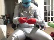 Handcuffing to chair on spandex gag, cock rub, leg stretch, and spanks