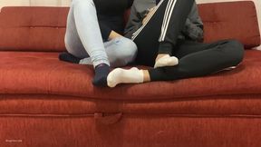 TWO GIRLS PLAYING SEXY FOOTSIE IN SOCKS BIG AND SMALL FEET - MOV HD