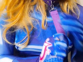 Sissy Cocksmoker with a Dog Collar Spanks Her Bazookas and Jerks a Sex toy with Her Armpits on Halloween