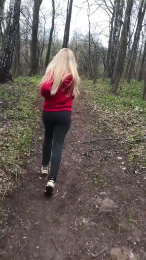 Blonde in Red Hoodie Teases in the Woods, Strips at Home and Gets Golden Shower on Her