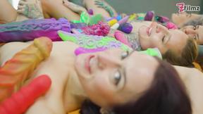 ”BIG TOY GROUP SEX with 4 sexy & adorable lesbian girls - pussy licking, toys in pussies & butt, moaning, playfull fuck”