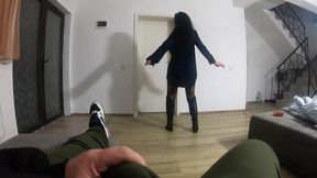Cum play with a hot slut in a long down-jacket