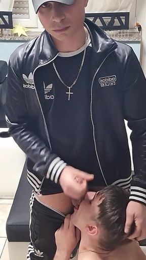 Feet Licking and Cock Sucking Gay Bitch Gets Used and Covered with Cum by His Scally Boy