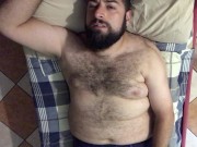 Big very hairy Italian bearded bear horny moaning wanking on the bed. Orgasm face Beautiful Agony