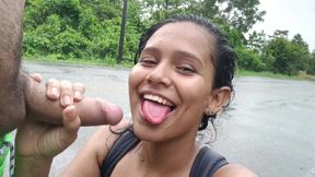 Sexy latina girl ride the motorcycle with her boyfriend and stop to give him a quick blowjob