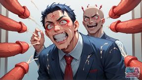 A White-haired Manager in a Suit Is Surrounded by a Storm of Red Dildos, Creating an Epic XXX Porn Scene