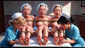 Nurses worship the feet of elderly women in an asylum.