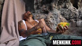 Bald dude King Noire entertains his aroused cock while stranded and alone