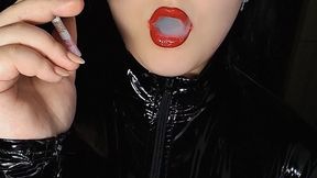 Glossy Latex Smoking with Red Lips
