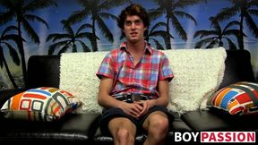 Skinny dude takes his undies off and wanks after interview