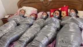 5 Mummified Girls Struggle All Wrapped Up And Gagged!