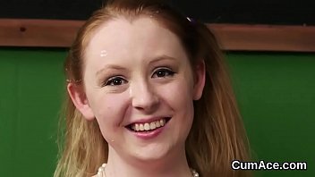 Flirty centerfold gets cum shot on her face gulping all the semen