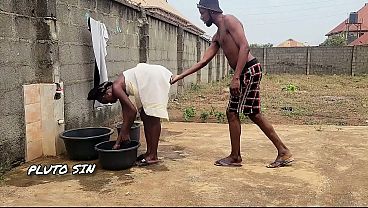 New tenant getting fucked in the backyard in standing doggy position.